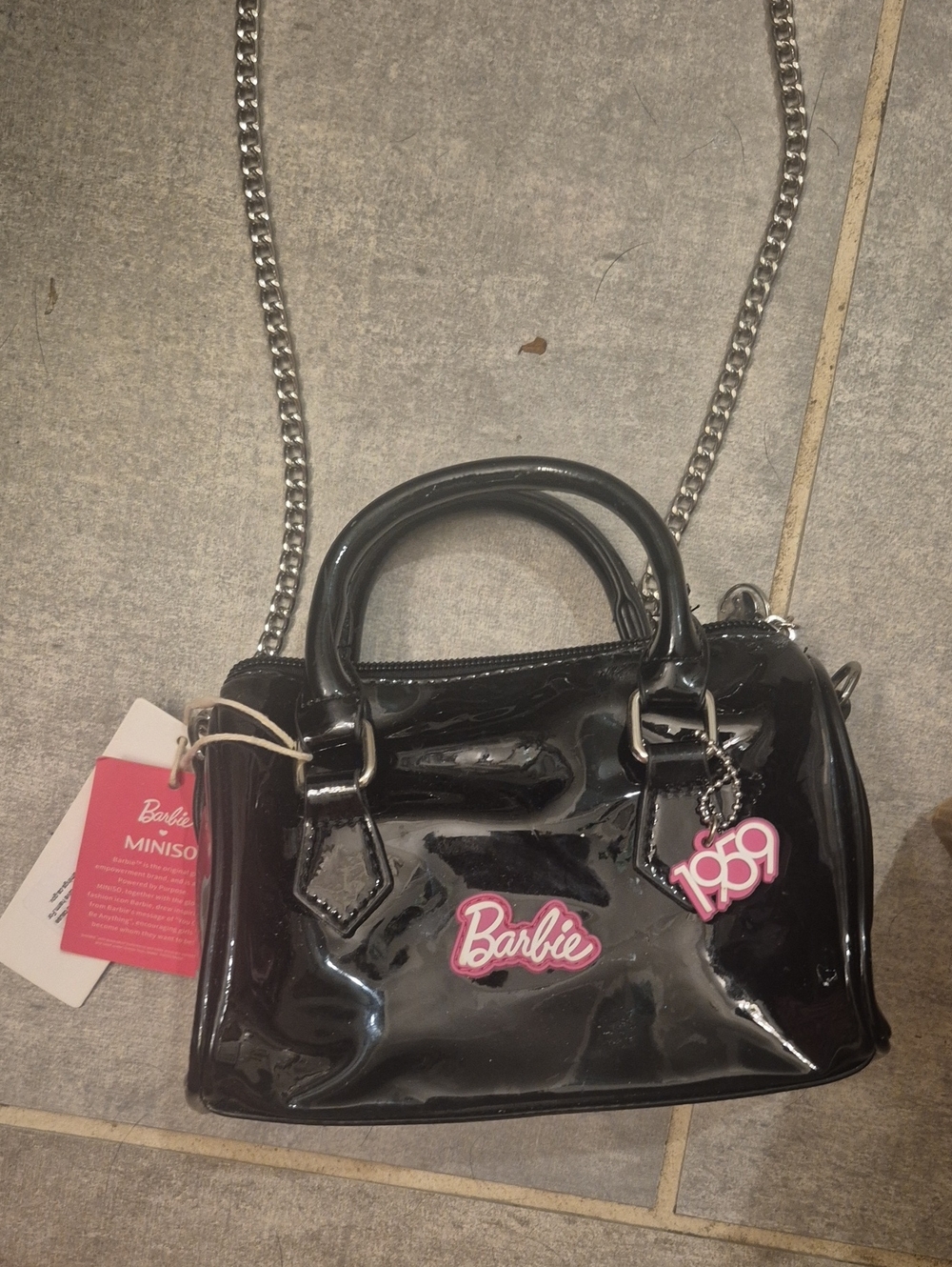 Barbie Black Patent Mini Bag with Silver Chain and Pink Logo